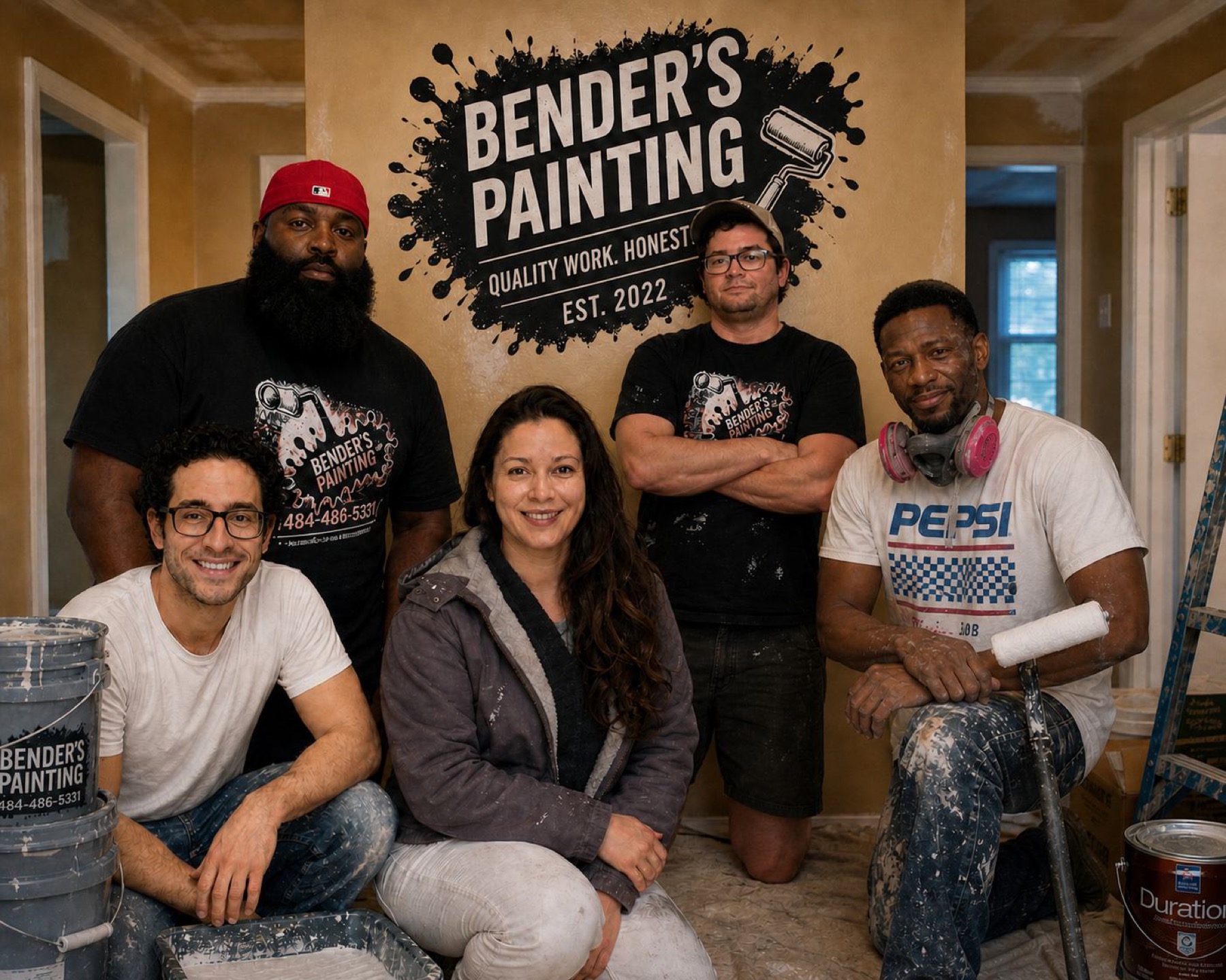 The Bender's Painting crew on a job site in front of their painted logo mural